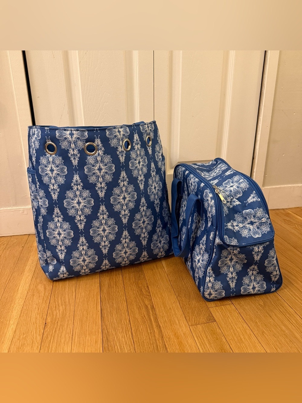 Set of 2 Blue Floral Tote Bags (Yarn Tote + Matching Carry Bag)